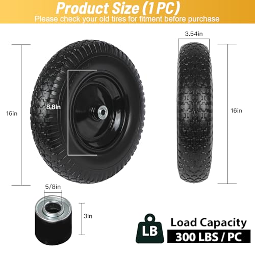 Taifa 1 PC 16 Inch Rubber Solid Flat Free Replacement Tires and Wheels 4.80/4.00-8 with 5/8'' Axle Bore Hole, Air Less Wheel for Wheelbarrow/Wagon/Hand Truck/Trolley/Garden Cart etc. - Image 3