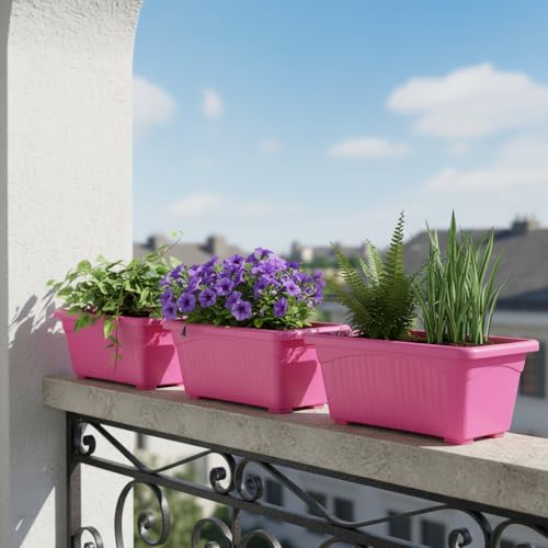 Image of Bianco Rectangular Plastic Pots for Plants, Jupiter Flower Pots for Home, Window Display, Garden (35 x 18.5 x 15 cm) (Pink) (Pack of 3)