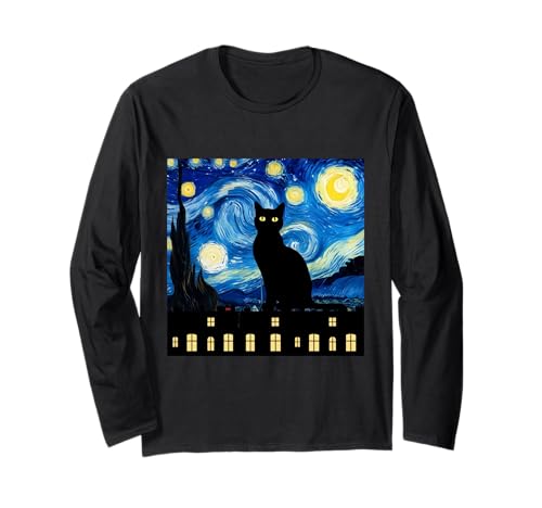星月夜猫マジック - ゴッホスタイル、風変わりなアート 長袖Tシャツ