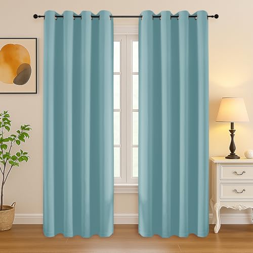 Image of Simplebrand Aqua Curtains for Bedroom Living Room 72 Inches Long 2 Panels Set, Room Darkening Thermal Insulated Curtains & Drapes, Solid Grommet Noise Reducing Window Treatment, W50 x L72 Inch
