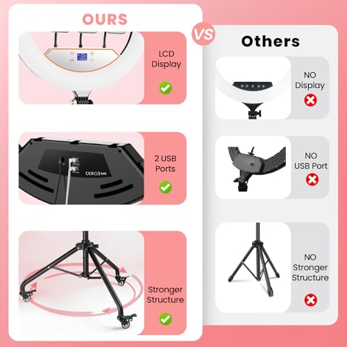 22" Foldable Ring Light with Stand for iPhone ipad, 75" Tripod with Wheels 50W 6500K LED Display/2 USB Ports Large Ringlight Rolling, Tattoo Barber Makeup Studio Video Photography Lighting(Pink)