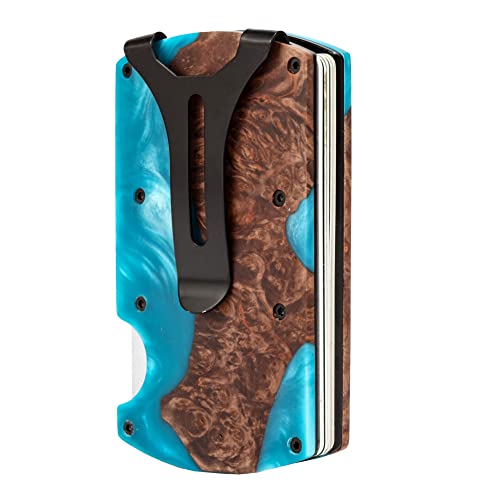 Image of Minimalist Wallet for Men, Slim Metal RFID Blocking Wallet Credit Card Holder Money Clip & Cash Strap, Scratch-Resistant Holds 15 Cards,Ideal Gift for Men | Resin Wood, Unique Pattern ,Light Blue