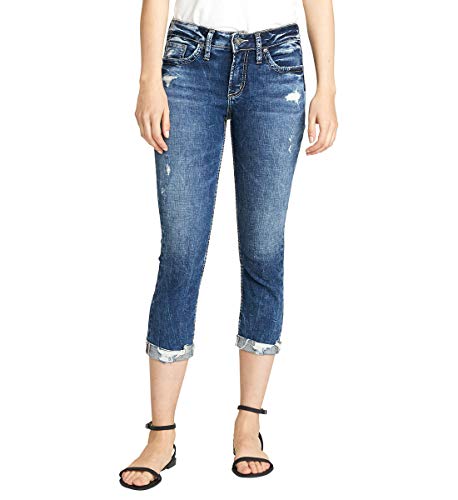 Silver Jeans Co. Women's Elyse Curvy Fit Mid Rise Capri Jean, Distressed Dark Indigo Wash, 30W