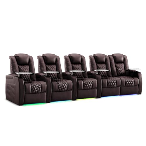 Image of Home Theater Seating, Top Grain Leather Movie Theater Chair | Brown Row of 5 Loveseat Right, Zero Gravity, Power Headrest, Tray Table, Electric Reclining Seat for Media Room