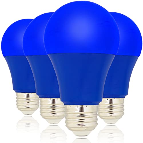 LED Blue Light Bulbs 4 Pack - A19 E26 Base, 9W (60W Equivalent), Blue for Indoor & Outdoor use, Christmas Decor