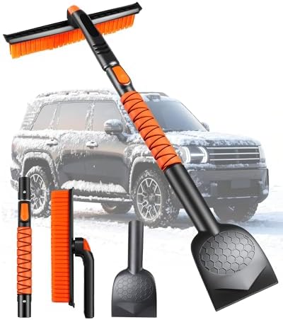 Yokye 2025 Upgrade 3-in-1 Extendable Car Snow Brush & Ice Scraper, 46'' Adjustable Length with 360° Rotating Soft Silicone Head & EVA Foam Grip, Quickly Removes Snow, Frost from Cars (Orange)