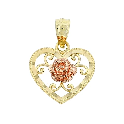 Gold Floral Heart Charm - Heart Pendant with Rose - 10 Karat Solid Gold - Heart Necklace For Her - Great For Gifts
