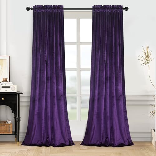 Roslynwood Purple Velvet Curtain 63 inches Long - Curtains Block Light Privacy Rod Pocket Thermal Insulated Window Drapes Panels for Bedroom/Living Room W52 by L63 inches 2 Panels