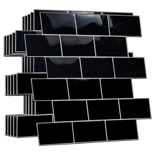 WALPLUS Upgraded Backsplash Tile Peel and Stick for Kitchen Wall Stick On Backsplash Tile for Bathroom Adhesive Glossy Heat Resistant Sticky Backsplash for Kitchen 11.8" x 11.8" Black 12 Sheets