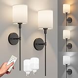 Tipace Battery Operated Wall Sconce Set of 2 with Remote,White Fabric Shade Wall Sconce Lighting Black Indoor Wireless Dimmable Wall Lamp for Living Room Bedroom Hallway(Bulb Included)