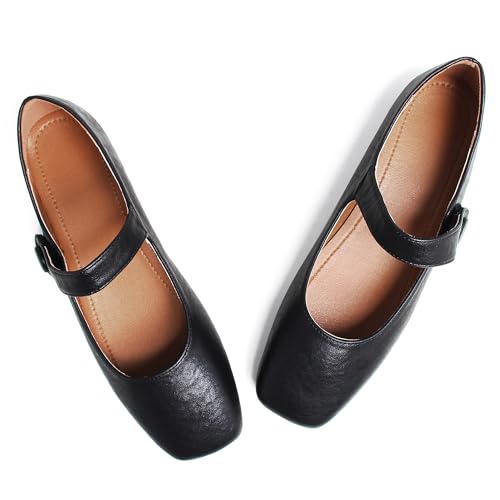 Dear Time Women's Square Toe Ballet Mary Jane Dress Flats Shoes Comfortable Black Brown Vintage Ballet Shoes for Women