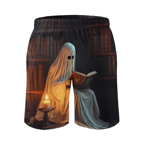 Halloween Ghost Reading Mens Swim Trunks Quick Dry Board Shorts Beach Swimwear Bathing Suits3