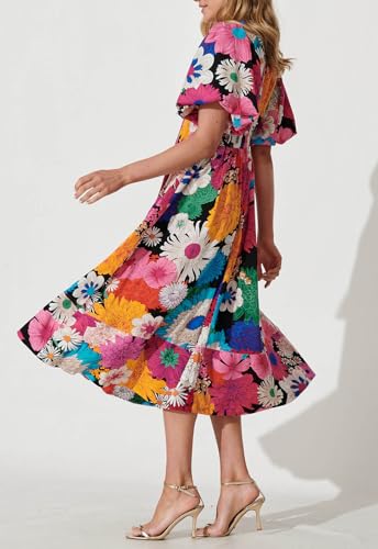 Image of Maxigerui Women's Summer Floral Maxi Dress Spring Wedding Guest Dress 2026 Rose Red Multi Floral L