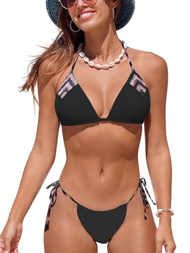 NLAND Costume Donna Due Pezzi Stampate Triangolo Lace-up Bikini Set con Coulisse Laterale Brasiliana Regolabile Costume da Bagno,Nero S