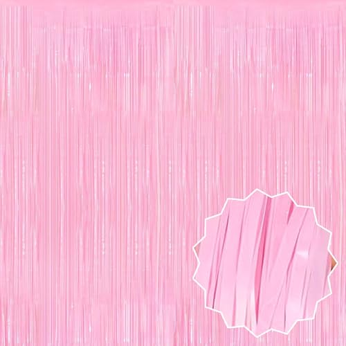 Image of 3 Pack Macaron Pink Foil Fringe Curtains Backdrop, 3.28 x 9.8 Ft Metallic Streamers Tinsel Curtains Background for Photo Booth, Birthday, Halloween, Christmas, New Year Party Decorations