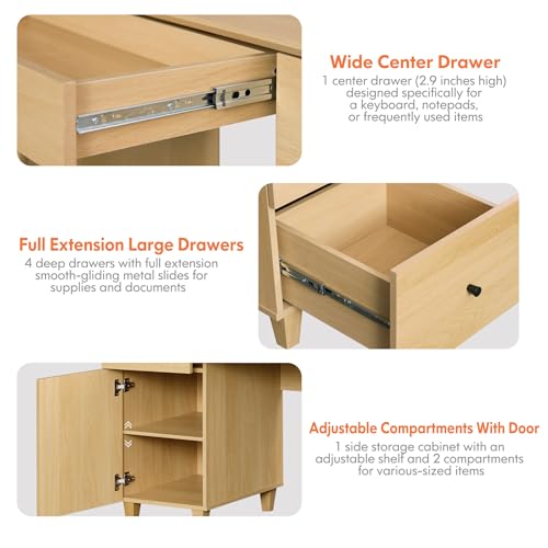 Image of WAMPAT 58 Inch Wood Desk with Drawers, Cabinet, Charging Station, Oak | Modern Executive Desk with Keyboard Storage Drawer, Home Office Large Wooden Computer Desk, Work & Study Writing Desk