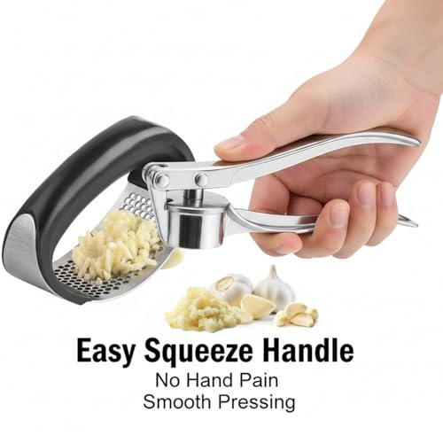 Image of Garlic Press & Ginger Crusher Combo, Stainless Steel Garlic Mincer & Ginger Masher, Heavy Duty Manual Squeezer, No Peeling Required, Easy Press Kitchen Tool - (Garlic Curved + Silver)