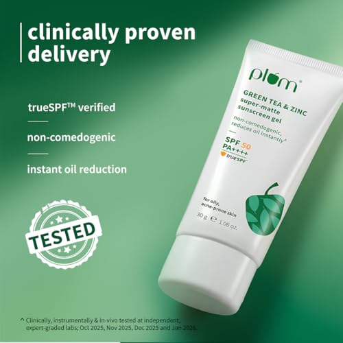 Image of Plum Green Tea & Zinc Super-Matte Gel Sunscreen SPF 50 PA ++++ 30 g | Formulated for Oily, Combination and Acne Prone Skin | Protects & Controls Oil | Lightweight, No White Cast & Non-Sticky
