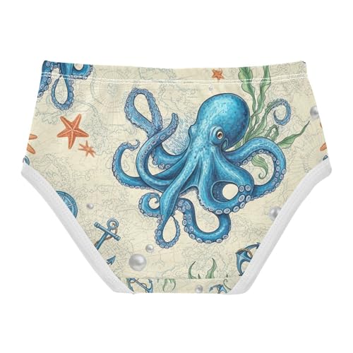 Vintage Blue Octopuses Toddler Cotton Underwear, Cotton Underwear Girls, 2T–8 Years2