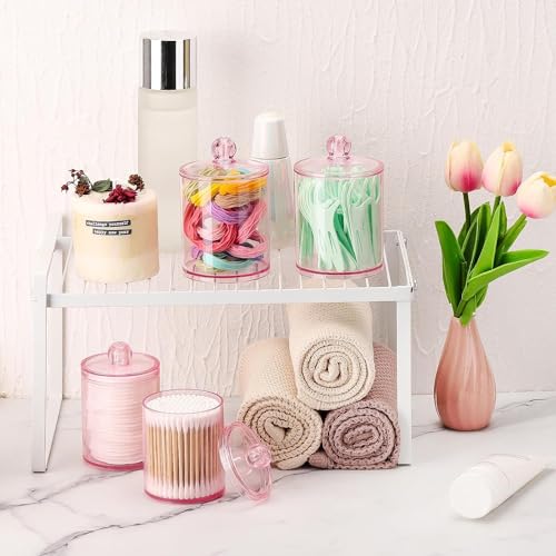 Image of Tbestmax 12 oz & 10 oz Qtip Holder - 4 Pack Restroom Bathroom Organizers and Storage Containers, Pink Plastic Apothecary Jars with Lids for Cotton Swab, Cotton Round Pads, Floss