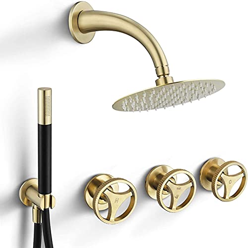 シャワー蛇口セット、レインフォールシャワーヘッド(ハンドヘルド付き)、インダストリアルスタイルの3ハンドルバスルームシャワーセット、高圧真鍮バスルームミキサータップ、ゴールド、ゴールド