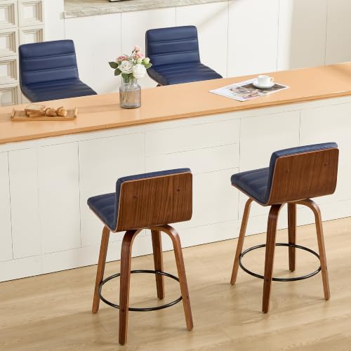 Image of Swivel Bar Stools Set of 4,26 inch Faux Leather Counter Height Barstools with Back,Mid Century Modern Upholstered Bar Chairs with Bentwood Legs Island Stools for Kitchen Counter Darkblue