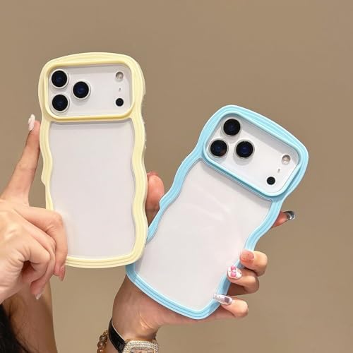 Image of Back Cover Compatible with iPhone 17 Pro Max, Cute Curly Wave Frame Clear Case for Girls Women, Transparent Soft Silicone TPU Bumper Shockproof Protective Cover for iPhone 17 Pro Max (Blue)