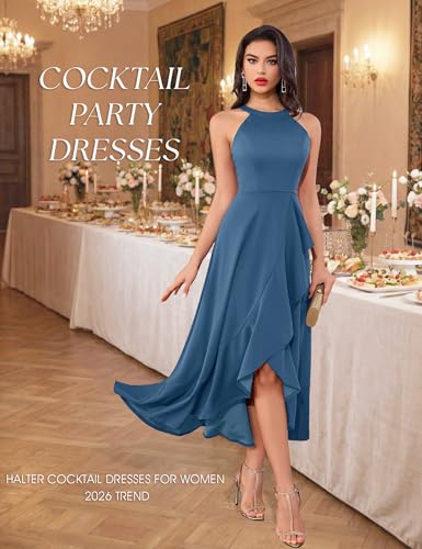 Image of Dressystar Womens 2026 Halter Slit Ruffle Wedding Guest Party Dress Elegant Maxi Long Sleeveless Formal Prom Cocktail Dresses