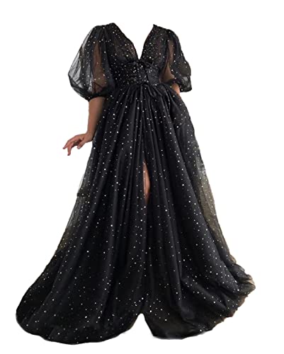 Xijun Black Puffy Sleeve Prom Dresses Long V Neck Sparkle Starry Tulle A Line Corset Plus Size Formal Evening Party Gowns Short Princess Dresses US20W