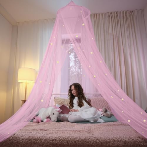 Pink Bed Canopy for Girls with Glowing Stars - Premium Canopy Bed...
