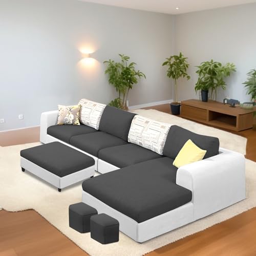 Image of Koza RHS 8 Seater L Shape Sofa Set with Center Table for Living Room (Black Grey Fabric) Premium Fabric Sofa