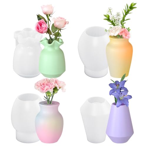 4 Stück Silikonform Vase, Silikon Gießformen Vase, DIY Gießform Vases Silikon Epoxidharz Vases Resin Formen, Herbst Blumenvase Silikonformen Modern Silikonform für Vasen, DIY Handwerk Heimdekoration