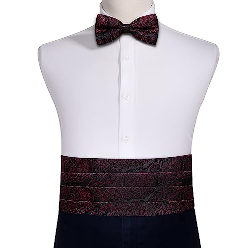 Image of Barry.Wang Men Silk Paisley Cummerbund and Pre-tied Bowtie Handkerchief Cufflink Set for Tuxedo