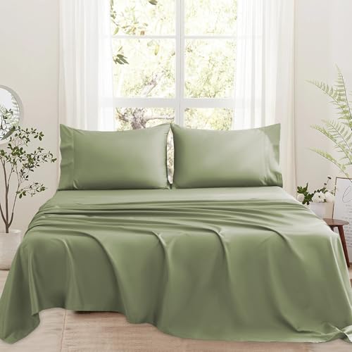 Bedlifes 1000 Thread Count 100% Egyptian Cotton King Size Sheets Set - Sateen Soft Silky Breathable Luxury Cooling 4 Pieces (Olive Green)