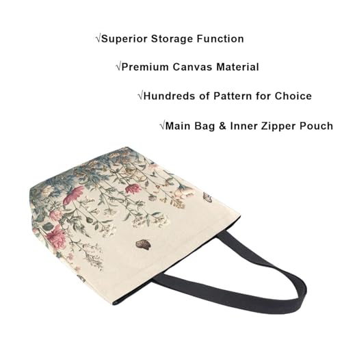 Extra Large Shoulder Tote Bag for Beach Travel Weekender Gym Vintage Wildflowers Butterfly Red Green Beige Reusable Grocery Canvas Shopping Bag4