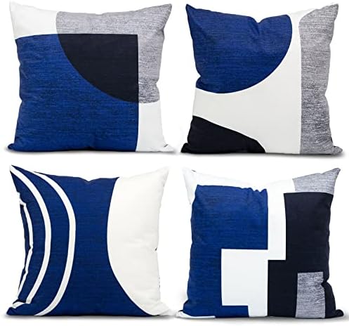 Whim-Wham Set of 4 Blue Throw Pillows for Couch Black Gray White Silver Boho Decorative Pillow Covers Abstract Geometric Modern Pillowcases 20x20 inches for Bed Bedroom.