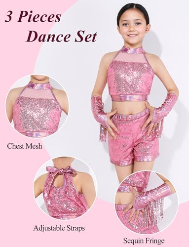 Image of Happy Cherry Girls Shiny Sequin Latin Dance Shorts Set 3 Pcs for Disco Hip Hop Jazz Cha Cha Dance 3-12Y