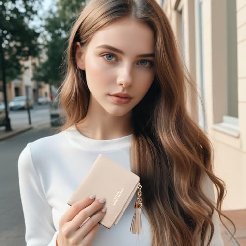 Image of KOTORA Womens Small Wallet Girls Tiny Slim Wallets Pretty Mini Card Holder Thin Short Zip Coin Purse with Love Pendant and Tassels (Beige)