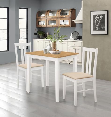 Hallowood Furniture Ledbury Small Dining Table and 2 Chairs Set, Wooden White Painted Space Saving Table and Chairs in Cream Fabric Seat Pads, Stylish Dining Room Sets for Home or Cafe