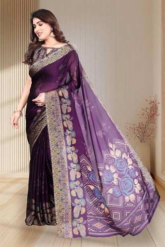 Image of SUPERLAXMI Women's Chiffon Floral Printed Saree with Blouse Piece