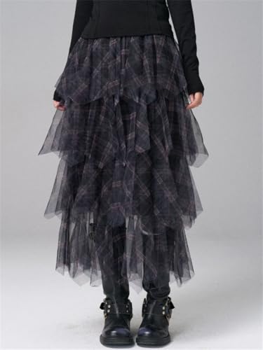 Women Elastic High Waist Tulle Black Plaid Irregular Layers Mesh Cake Midi Skirt Loose Festival Skirts3