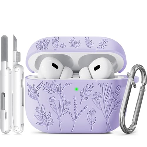 Image of Flower Engraved Case for Apple AirPods Pro 2 Gen with Clean Kit,Soft Silicone Protective Case Cover for AirPod Pro 2nd /1st Generation Keychain,Lanyard,3 Pair Ear Tips,Front LED Visible,Pastel Lilac