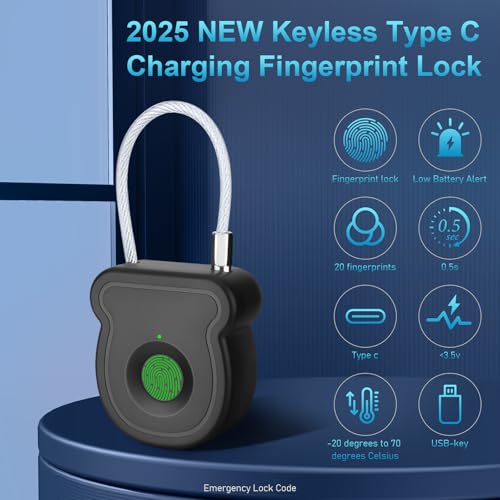 Fingerprint Padlock Lock with Key Backup, Biometric Metal Keyless Thumbprint Lock, Waterproof, USB Rechargeable, for Gym Locker, School Locker, Luggage, Backpack, Suitcase2