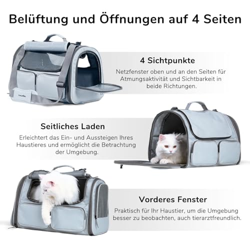 FUKUMARU Transportbox Katzen, Faltbare Tragetasche, Hundetasche mit Reisetasche, Transporttasche für Katzen/Hunde bis 22 kg, Hellgrau, groß