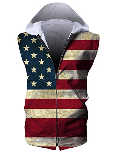 [LIDADA] メンズ ノースリーブベスト 袖なしパーカー ジップアップ 星条旗柄 トレーニング ジム 筋トレ 吸汗 速乾 レイヤードNB045-02-Lのサムネイル