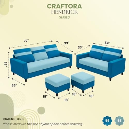 Image of Heaven Dual Tone Plush Velvet 3 Seater + 2 Seater Sofa Set with 2 Ottoman | Silken Velvet Suede Upholstery | Designer Sofa for Living Room & Office Spaces (Sky Blue & Aqua Blue)