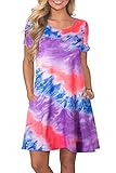 FZ FANTASTIC ZONE Women's Casual Summer T Shirt Dresses Short Sleeve Swing Dress with Pockets Tie Dye Purple