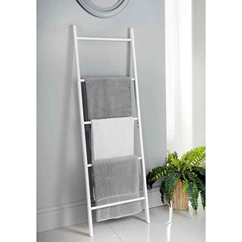 Homme Concept White Wooden Towel Ladder 5 Rung Freestanding Clothes Airer Decorative Bathroom & Bedroom Storage Rack for Towels Clothes & Blankets