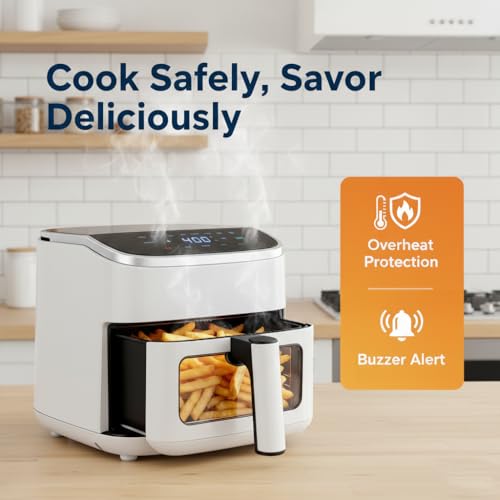 Image of HealSmart 4 Qt Air Fryer with Visible Window, 8-in-1 Digital Airfryer with Interior Light, 1500W, Nonstick Dishwasher-Safe Basket for Fries, Bake, Wings, 60-Min Timer, White