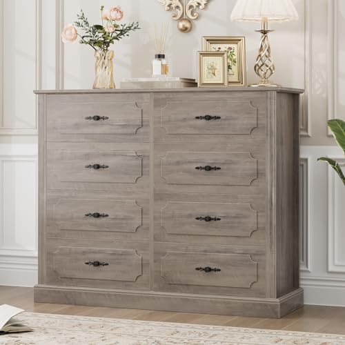 Image of FINETONES Grey Dresser Chest of Drawers, 47.2” Farmhouse Wood Dresser 8 Drawer with Steel Handles, Modern Drawers Floor Storage Cabinet for Living Room Hallway Office